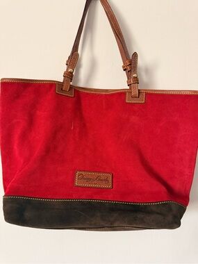 Dooney & Bourke Red Suede Tote with Brown Base and Tan Handles